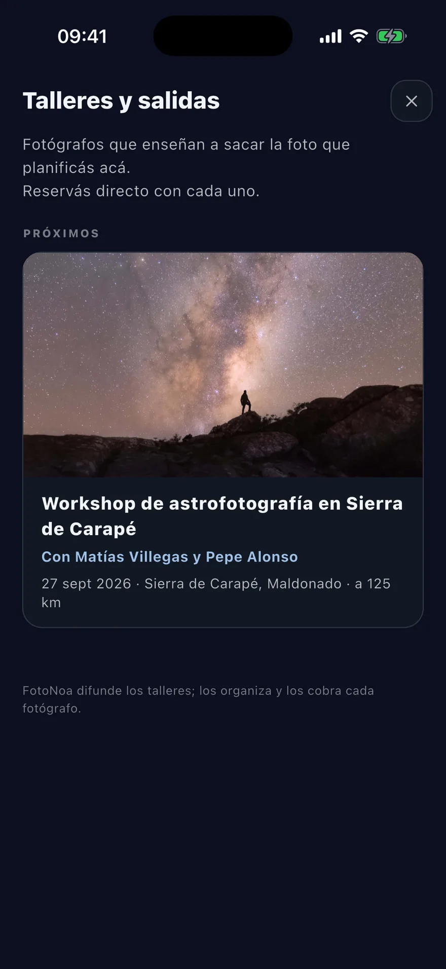 Talleres y salidas de FotoNoa, con un taller de astrofotografía cerca y a cuántos km queda