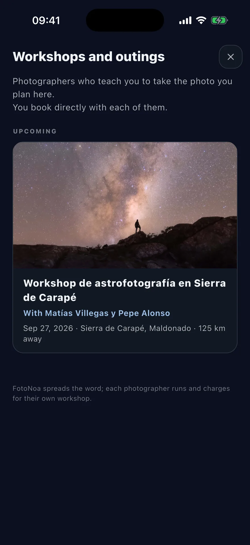 FotoNoa's workshops and outings, with an astrophotography workshop nearby and how many km away it is